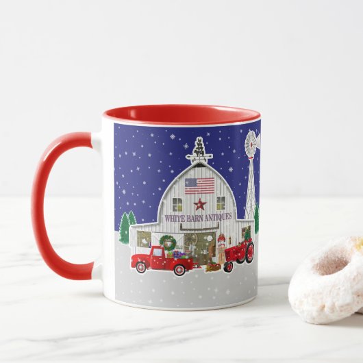 Mug Petit Camion rouge et ancienne grange blanche (Avec donut)