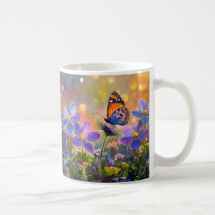 Mug Petit papillon sur des fleurs sauvages au lever du