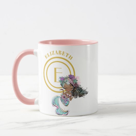 Mug Petite Sirène Noire Balances Bleues Monogramme Nom (Gauche)