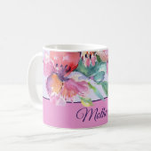 Mug Pétunias d'aquarelle rose et violet personnalisabl (Devant gauche)
