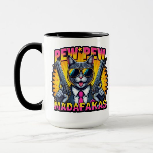 Mug Pew Pew Madafakas Cool Chat avec style et pistolet (Gauche)