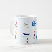 Mug Phare nautique, Ancre, Roue, Mouette & Bateau (Devant gauche)