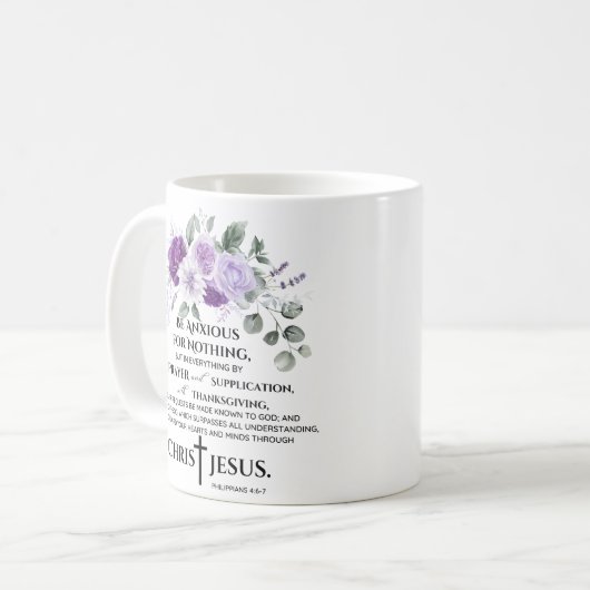 Mug Philippiens 4:6-7 Écriture Fleurs violettes pourpr (Devant gauche)