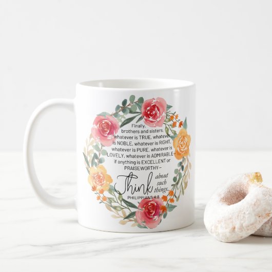 Mug Philippiens 4:8 Couronne florale rose et jaune (Avec donut)