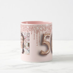Mug photo 50e anniversaire rose rose gouttes d'or rose