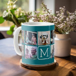 Mug Photo Collage Instagram tendance Monogramme person<br><div class="desc">Bleu turquoise et blanc - Utilisez 11 photos carrés pour créer un cadeau unique et personnel. Ou vous pouvez garder le chiot hipster et faire un gardien branché. Si vous avez besoin d'ajuster les images,  cliquez sur l'outil personnaliser pour apporter des modifications.</div>