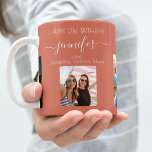 Mug Photo d'anniversaire amis noms terre terre terre t<br><div class="desc">Un cadeau d'amis pour le 21e anniversaire d'une femme, célébrant sa vie avec 3 de vos photos d'elle, de ses amis, de sa famille, de son intérêt ou des animaux de compagnie. Personnalisez et ajoutez son nom, son âge de 21 ans et vos noms. Arrière - plan en terre cuite,...</div>