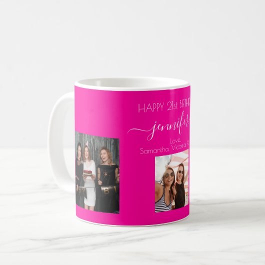 Mug Photo d'anniversaire des amis noms rose chaud (Devant gauche)