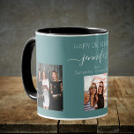 Mug Photo d'anniversaire meilleurs amis noms vert cyan<br><div class="desc">Un cadeau d'amis pour le 21e anniversaire d'une femme, célébrant sa vie avec 3 de vos photos d'elle, de ses amis, de sa famille, de son intérêt ou des animaux de compagnie. Personnalisez et ajoutez son nom, son âge de 21 ans et vos noms. Un arrière - plan vert foncé...</div>