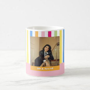 Mug photo de 30e anniversaire rayures coloré rose mode