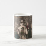 Mug Photo de Christmas Girls et Snowman Vintage<br><div class="desc">A charming antique 1910 French Christmas photo postcard of two pretty,  adorable little girls happily hugging and posing with their solive snowman friend,  as snow flow down upon them. Wishing a Joyeux Noel.</div>