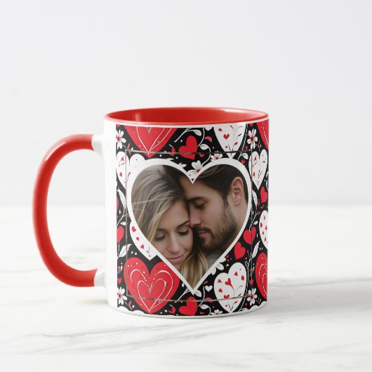 Mug Photo de Coeurs et Fleurs rouges, noirs et blancs (Gauche)