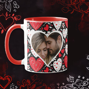 Mug Photo de Coeurs et Fleurs rouges, noirs et blancs