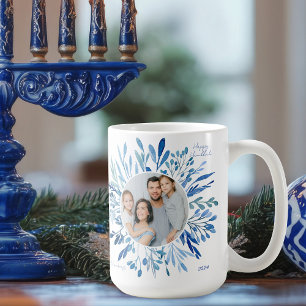 Mug Photo de famille juive Hanukkah botanique bleue