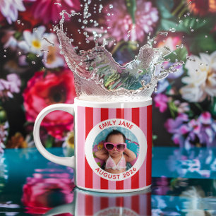 Mug Photo de famille personnalisé rayé rose et rouge