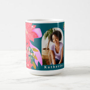 Mug Photo de Poinsettia Nouvel An Fête Teal