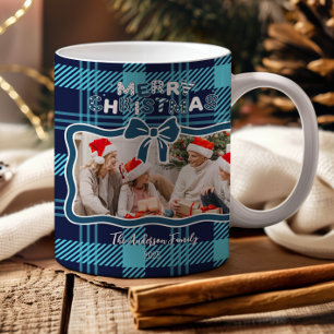 Mug Photo Noël Rétro Carreaux Bleu Fantaisiste 