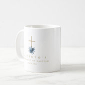 Mug Photo simple bleu floral Croix catholique Baptême (Devant gauche)