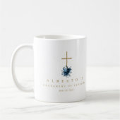 Mug Photo simple bleu floral Croix catholique Baptême (Gauche)