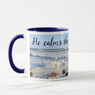 Mug Photo Stormy Ocean Waves Bible Verse Navy Blue