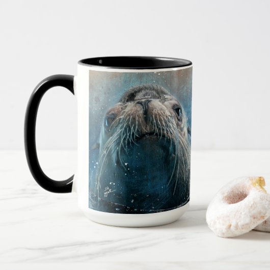 Mug Photographie du lion de mer mignon aquarelle (Avec donut)