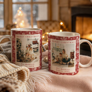 Mug Photos de famille motif pin rouge de Noël & feuill