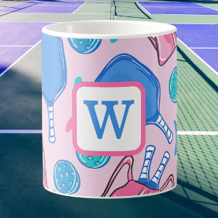 Mug Pickleball Paddle et Balls Pink Preppy initial