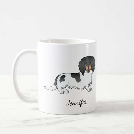 Mug Piebald Noir Et Tan Cheveux Long Dachshund & Nom (Gauche)