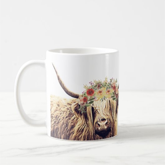 Mug Pièce à tête florale Longue Vache Highland (Gauche)