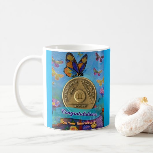 Mug Pièce de 2 ans de sobriété Félicitations Papillons (Avec donut)