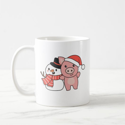 Mug Pig With Snowman In Winter For Christmas (Gauche)