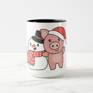 Mug Pig With Snowman In Winter For Christmas
