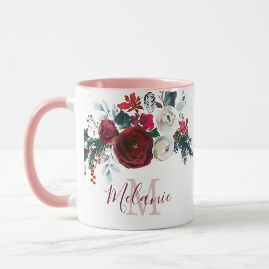 Mug Pin Floral Rose Blanc Bourgogne Monogramme (Gauche)