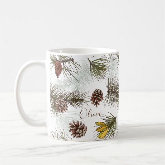 Mug Pine Cônes et À feuillage persistant VOTRE NOM (Gauche)