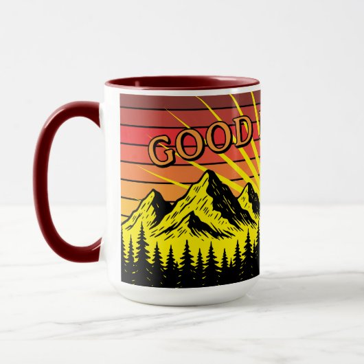 Mug Pine Tree Forest Over Mountains & Retro Sunset (Gauche)