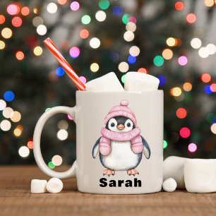 Mug Pingouin Casquette rose personnalisé Nom personnal