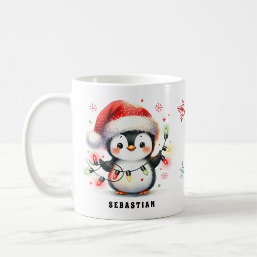 Mug Pingouin mignon avec lumières Noël personnalisé (Gauche)