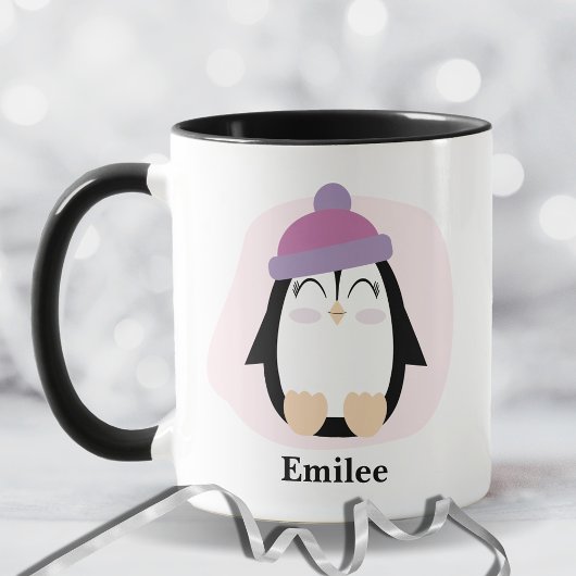 Mug Pingouin mignon avec rose violet Casquette Noël
