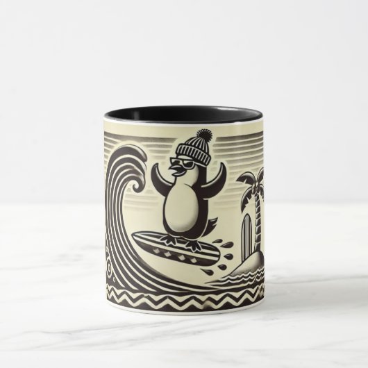 Mug Pingouin noir blanc attrape une vague (Centre)