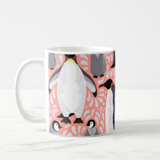 Mug Pingouins empereurs, petits, motif décoratif rose. (Gauche)