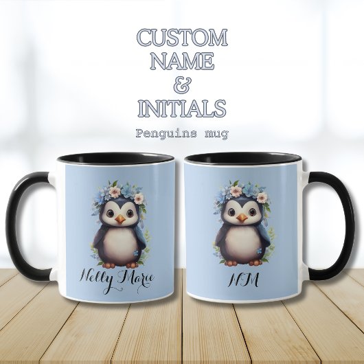 Mug Pingouins mignons Bleu Nom et initiales personnali
