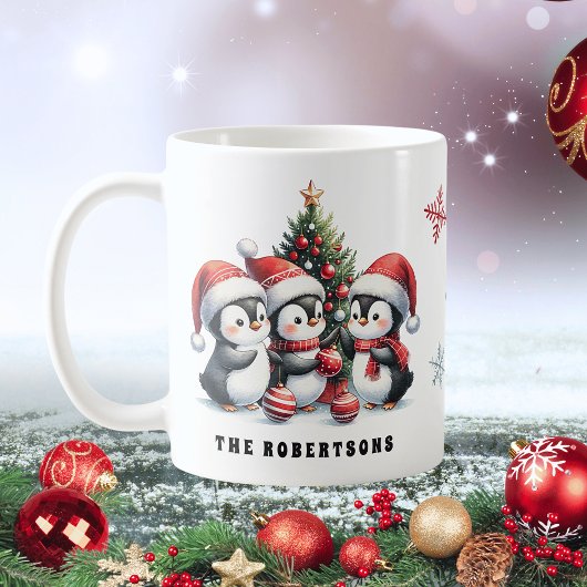 Mug Pingouins mignons en chapeau rouge Noël en famille