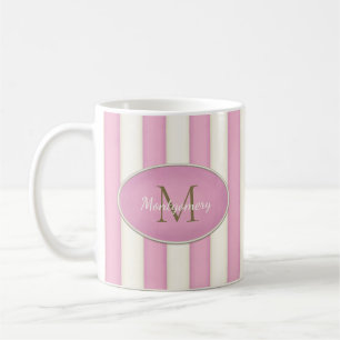 Mug Pink & Antique White Strips Bronze Monogramme