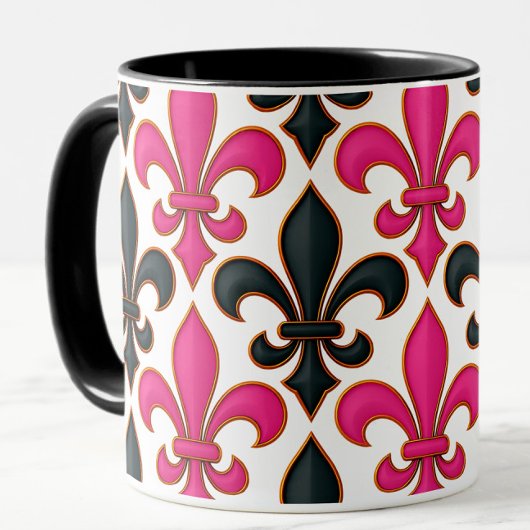 Mug Pink Black Baroque Fleur-de-lis Pattern Design 