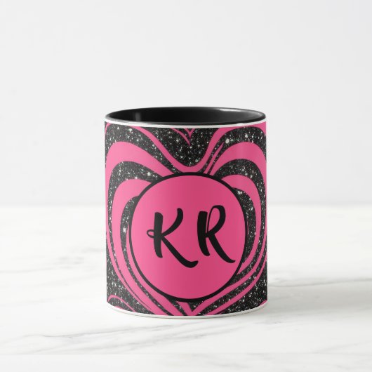 Mug Pink Black Glam Abstract Heart Monogram Initials (Centre)