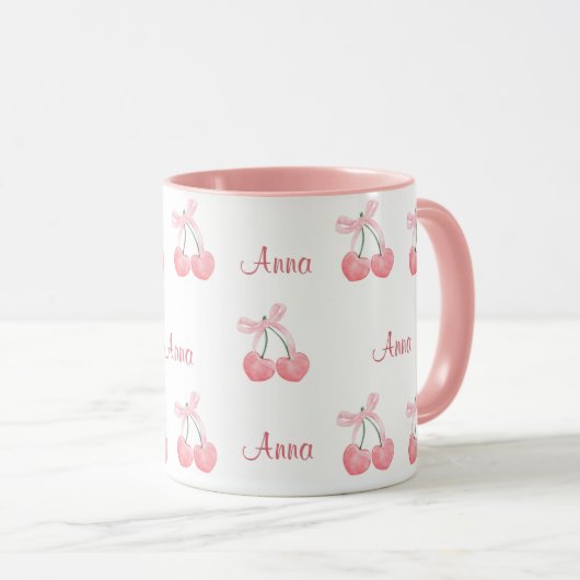 Mug Pink Bow and Cherry Personalized Custom Girl Name (Devant droit)