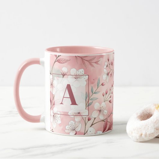 Mug Pink cherry blossom monogram (Avec donut)