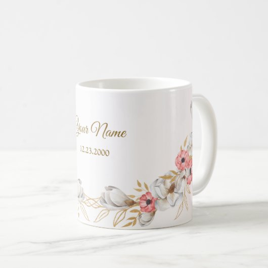 Mug Pink Floral Golden Peach Modern Wedding Gift (Devant droit)