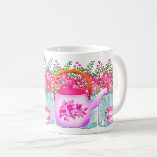 Mug Pink Flower Teapot - Design floral élégant pour ch (Devant droit)