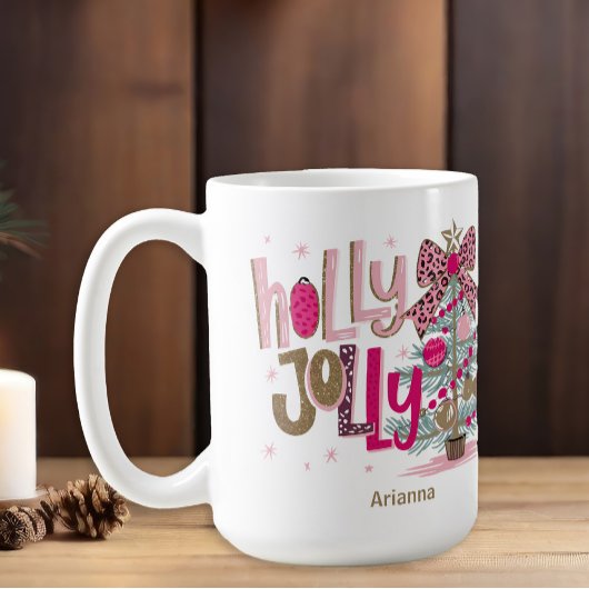 Mug Pink Gold Tree Holly Jolly Noël